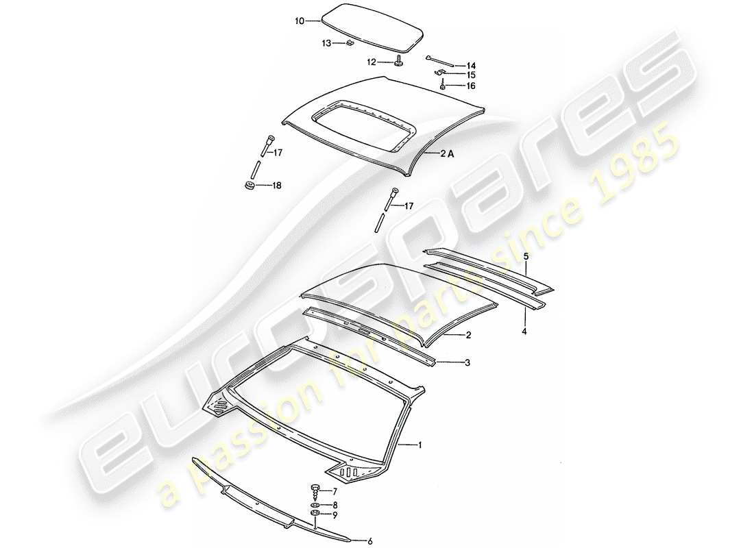 porsche 1990 (928) toit - carénage - schéma des pièces