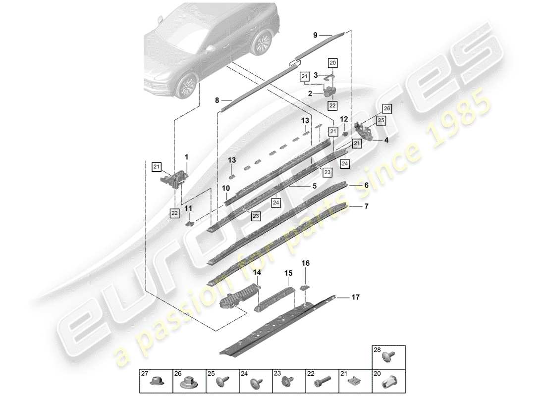 porsche 2019 (cayenne e3 9ya/9yb) garniture de membre latéral schéma des pièces