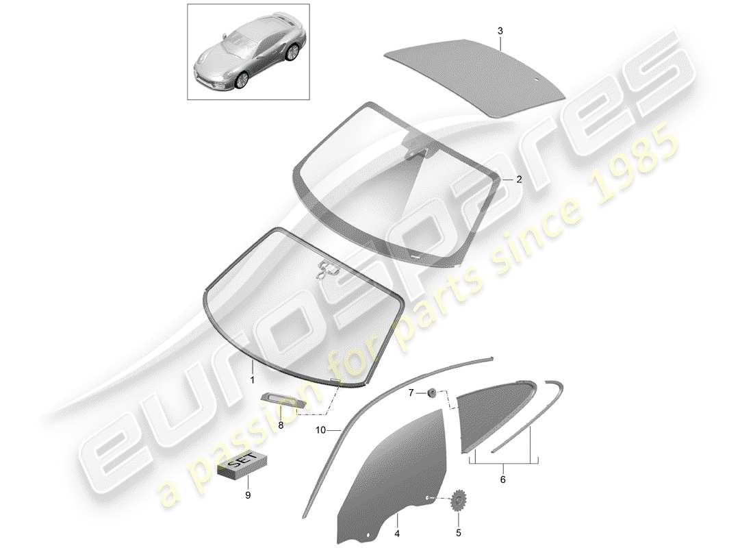 porsche 2014 (991-1 turbo) verre de pare-brise schéma des pièces