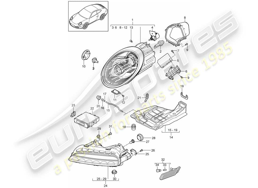 porsche 2009 (997-2) schéma des pièces des phares