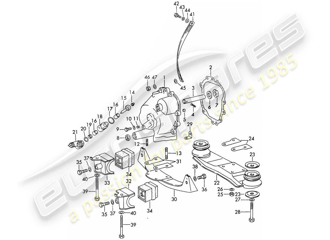 porsche 1965 (911/912) couvercle de transmission - suspension de transmission - coulée réfrigérée - et - coulée sous pression schéma des pièces