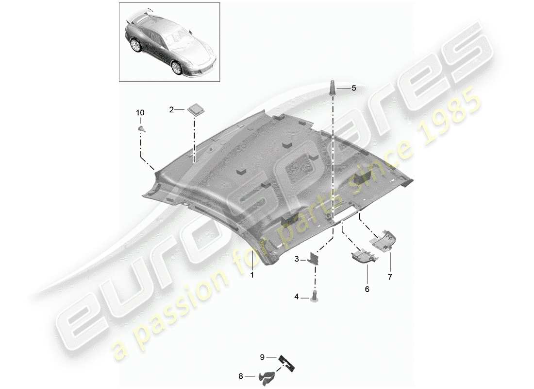 porsche 2014 (991-1 r/gt3/rs) panneau de garniture de toit schéma des pièces