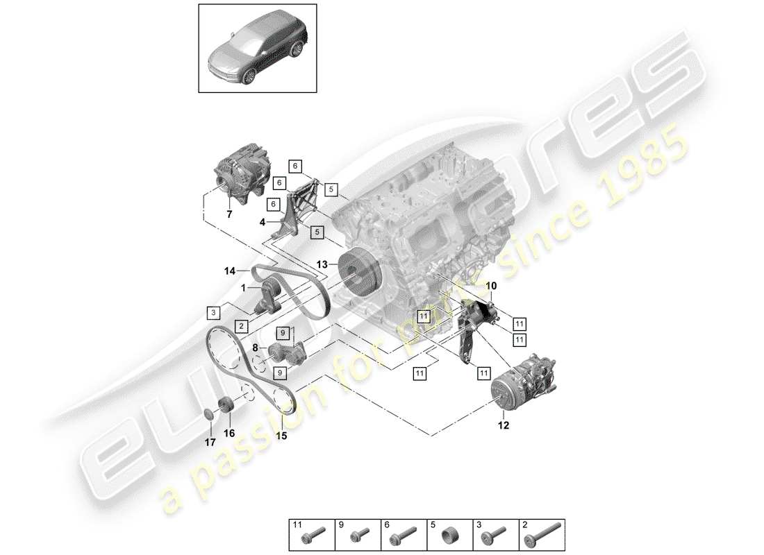porsche 2018 (cayenne e3 9ya/9yb) courroie nervurée schéma des pièces