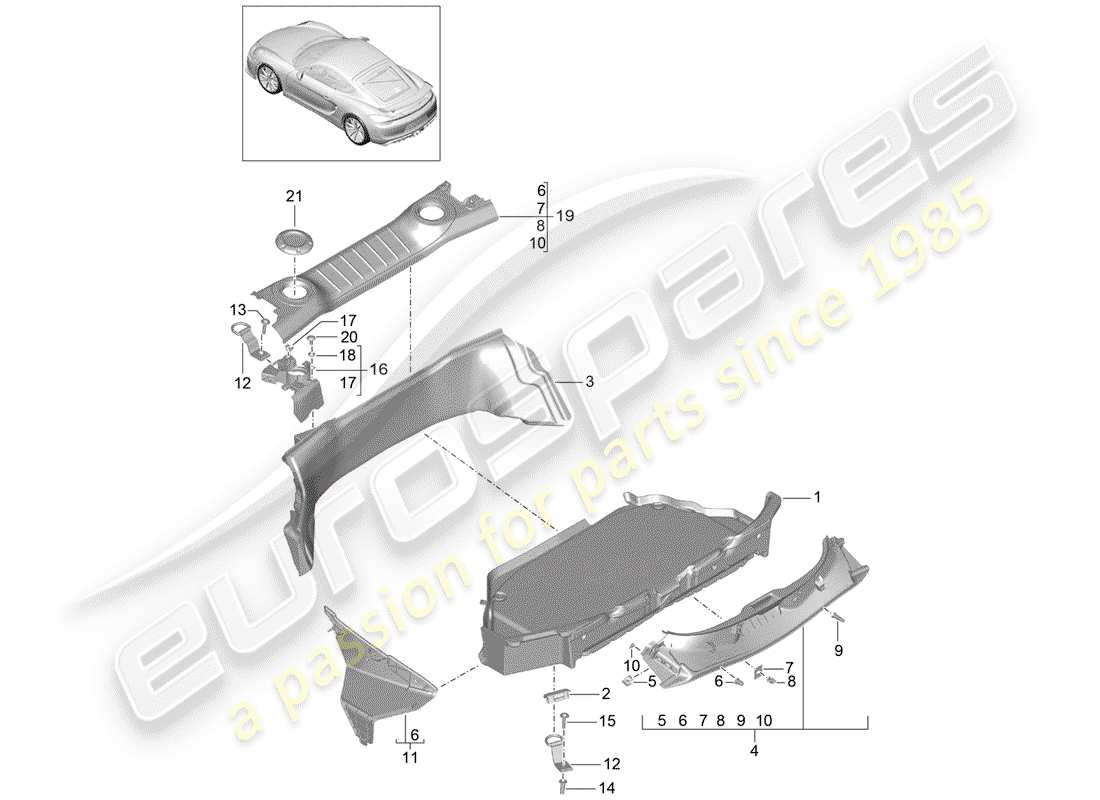 porsche 2016 (981 cayman gt4) coffre à bagages schéma des pièces