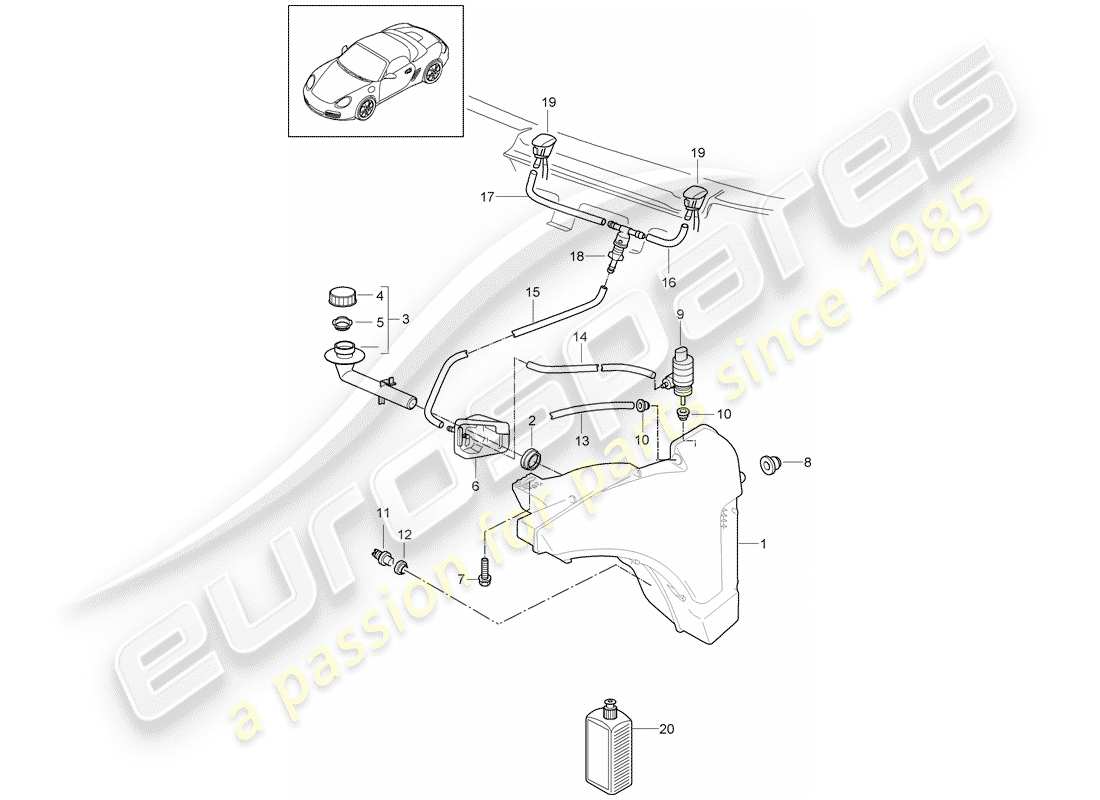 porsche 2011 (987 boxster) unité de rondelle glace - schéma des pièces