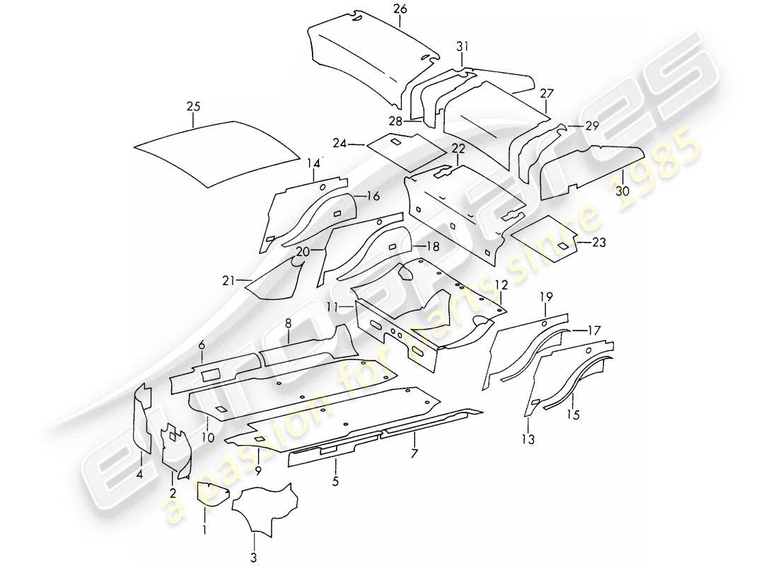 porsche 1966 (911/912) carrosserie - absorpteur sonore schéma des pièces