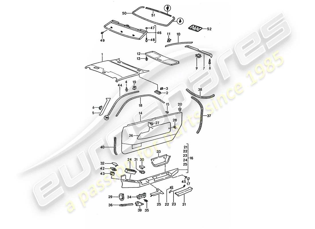porsche 1994 (928) panneau de porte - panneau de garniture de toit schéma des pièces