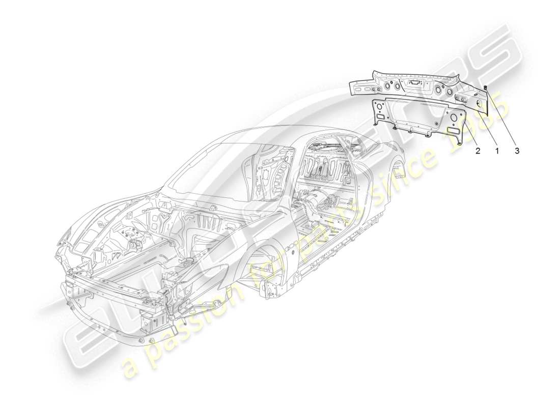 maserati granturismo (2008) schéma des pièces de la carrosserie et des panneaux de garniture extérieurs arrière