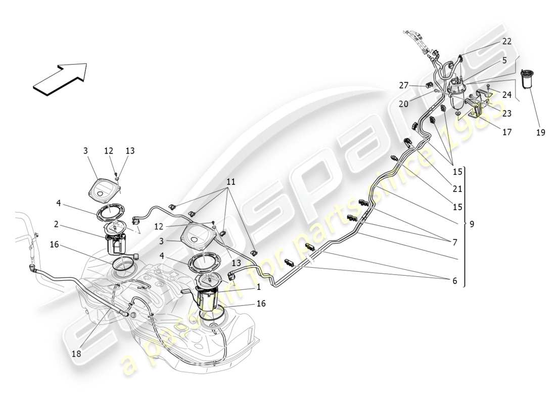 maserati qtp 3.0 tds v6 275hp (2015) schéma des pièces des pompes à carburant et des conduites de connexion