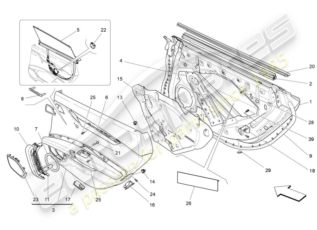 maserati qtp 3.0 bt v6 410hp (2014) portes arrière : diagramme de pièces des panneaux de garniture