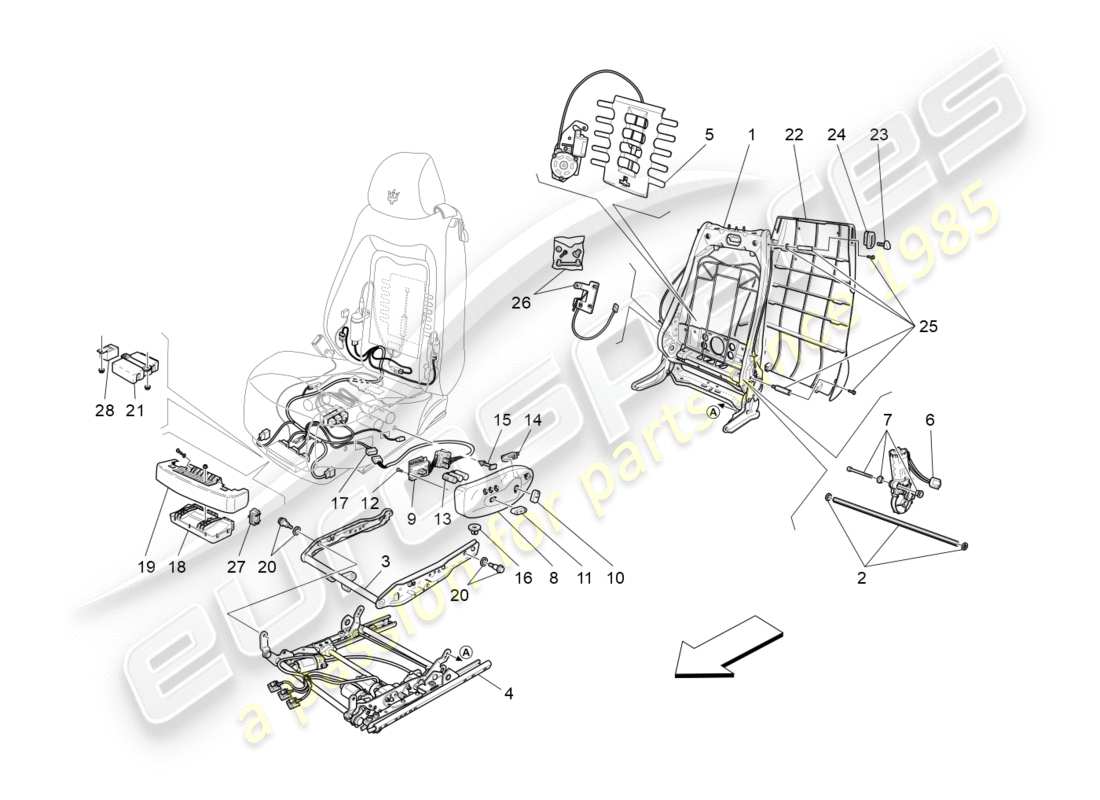 maserati granturismo (2014) sièges avant : schéma des pièces mécaniques et électroniques