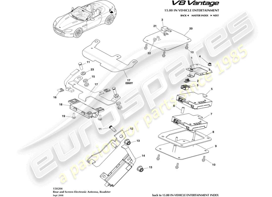 aston martin v8 vantage (2008) antenne arrière et écran, diagramme de pièce roadster