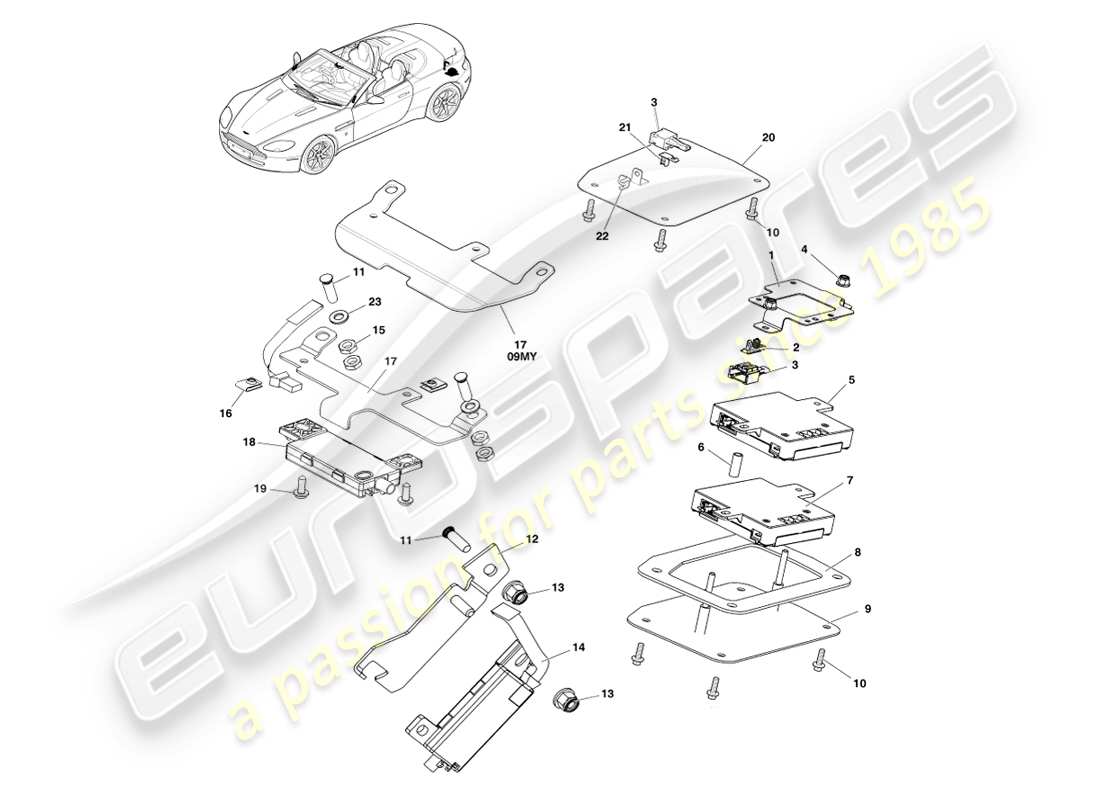 aston martin v8 vantage (2007) antenne arrière et écran, diagramme de pièce roadster