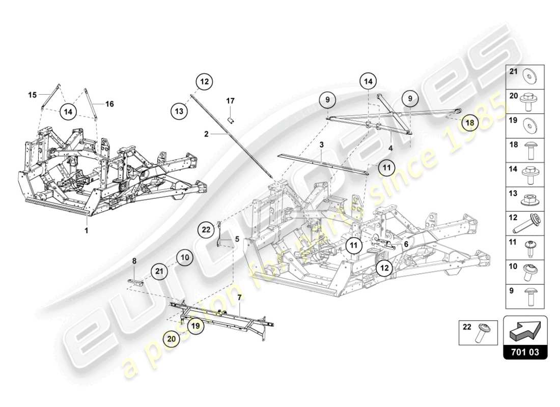 lamborghini lp740-4 s roadster (2019) partie arrière du cadre de garniture schéma des pièces