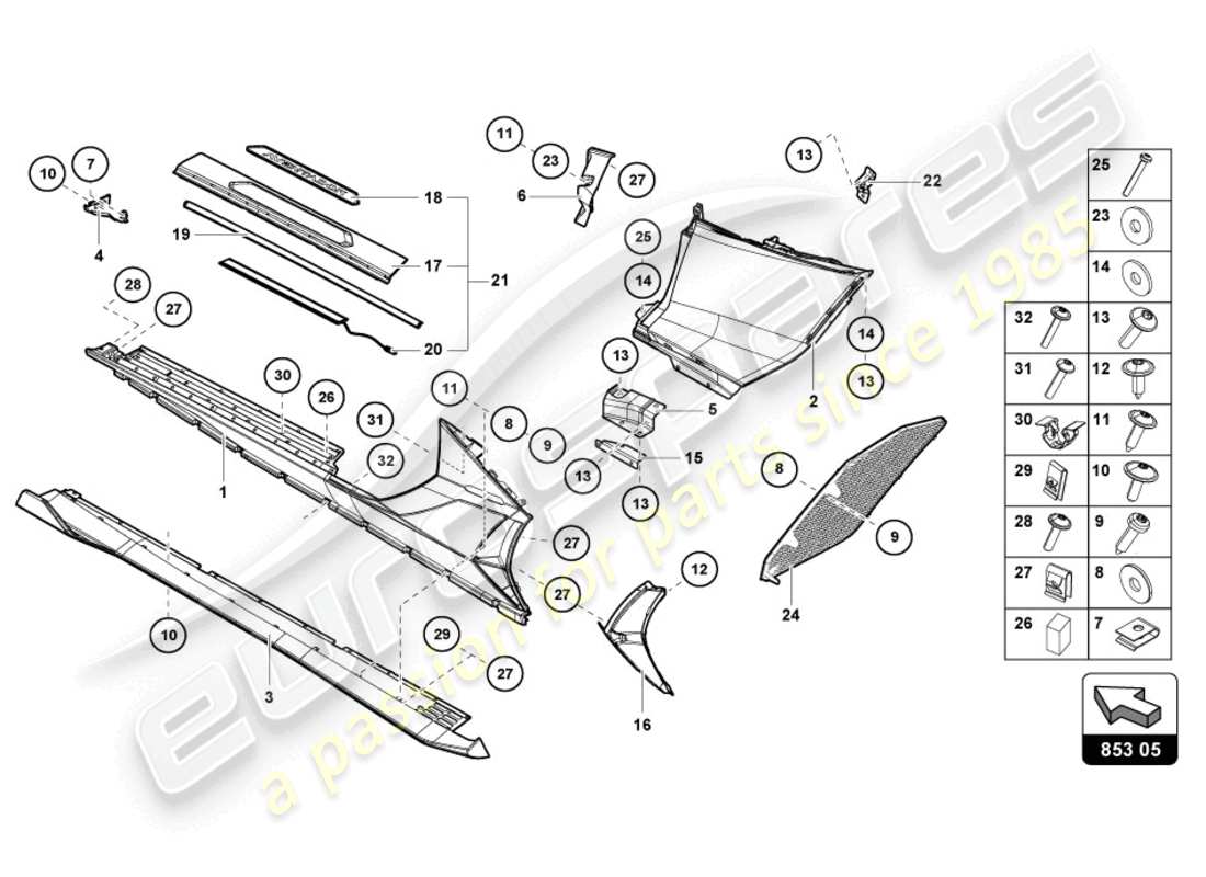 lamborghini lp770-4 svj coupe (2019) latéral extérieur inférieur pour carter de roue schéma des pièces