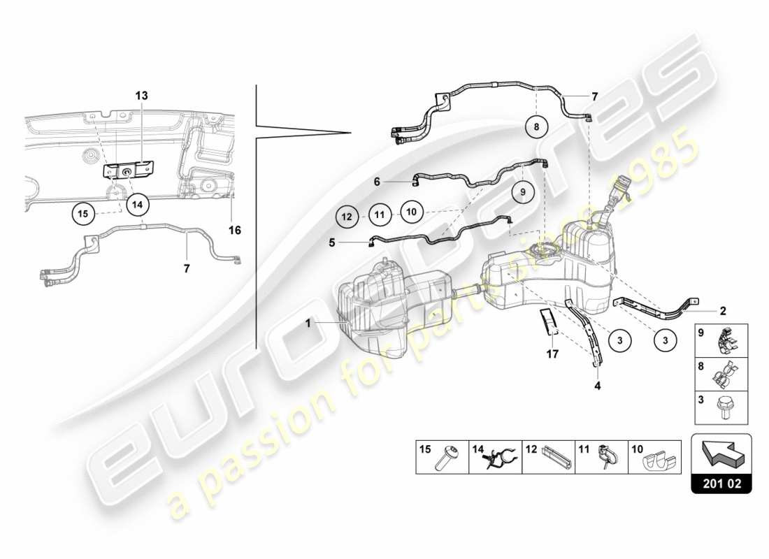 lamborghini lp580-2 spyder (2018) pour réservoir de carburant et conduite de carburant attaches de conduite de carburant schéma des pièces