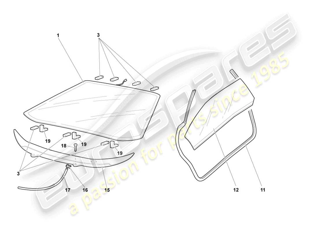 lamborghini murcielago roadster (2006) lunettes de fenêtre schéma des pièces