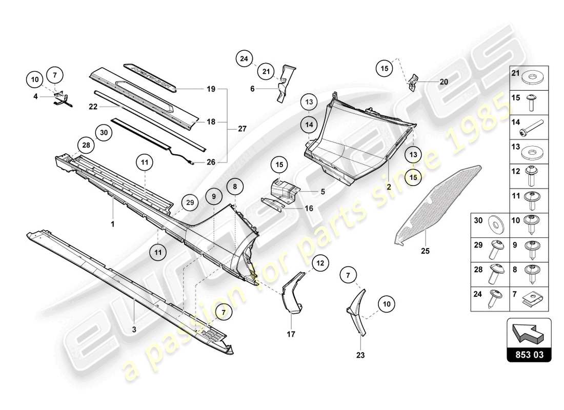 lamborghini lp740-4 s roadster (2021) latéral extérieur inférieur pour carter de roue schéma des pièces