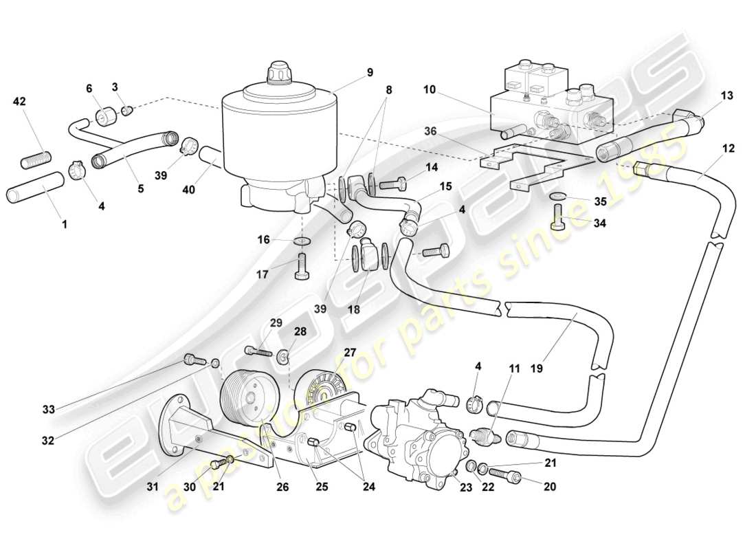 lamborghini murcielago coupe (2005) système hydraulique et récipient de fluide avec connect. pièces diagramme des pièces