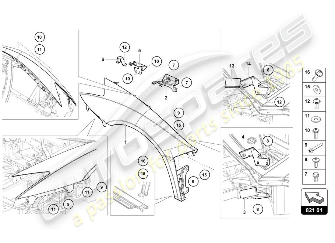 lamborghini lp740-4 s roadster (2021) schéma des pièces de l'aile avant