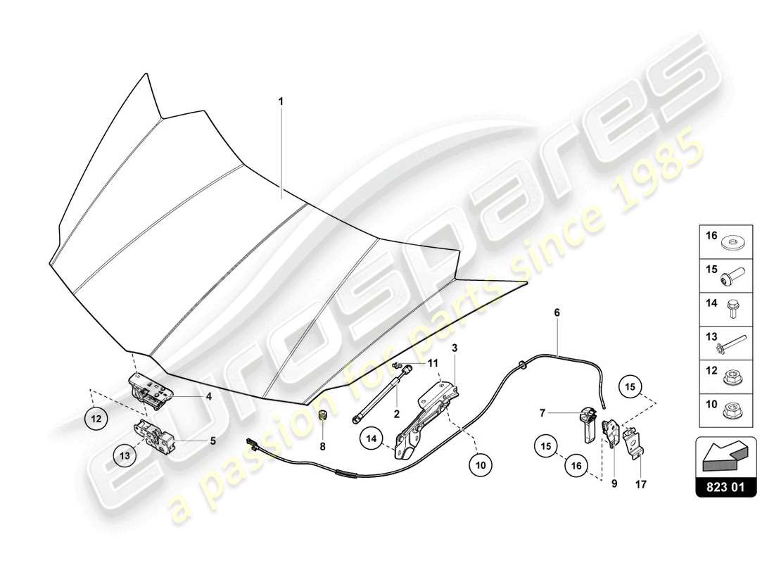lamborghini 2019 (lp770-4 svj roadster) diagramme des pièces avant du capot
