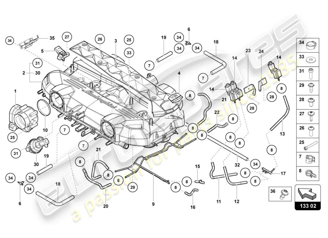 lamborghini lp740-4 s roadster (2020) collecteur d'admission schéma des pièces