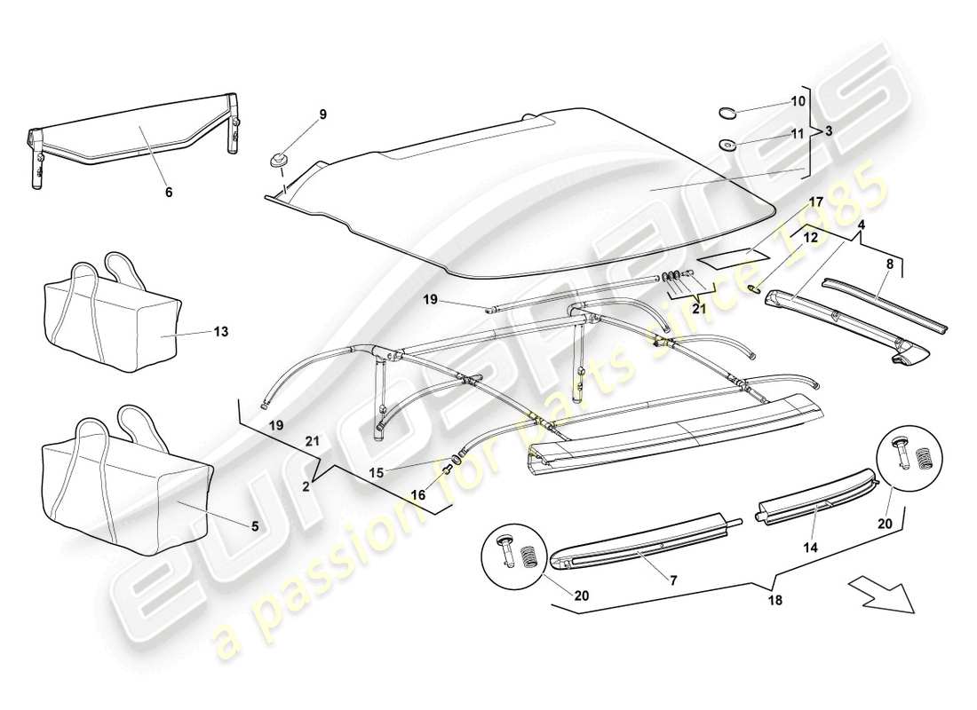 lamborghini murcielago roadster (2005) couvercle - diagramme de la pièce supérieure