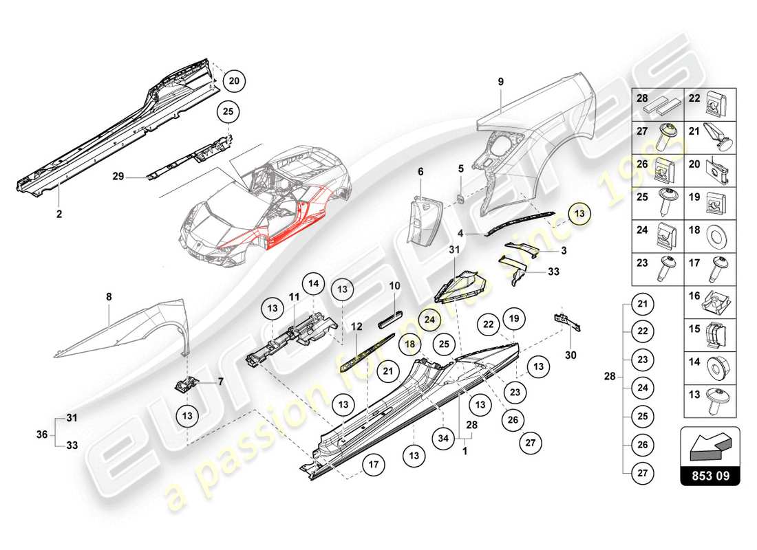 lamborghini evo spyder (2020) latéral extérieur inférieur pour carter de roue schéma des pièces