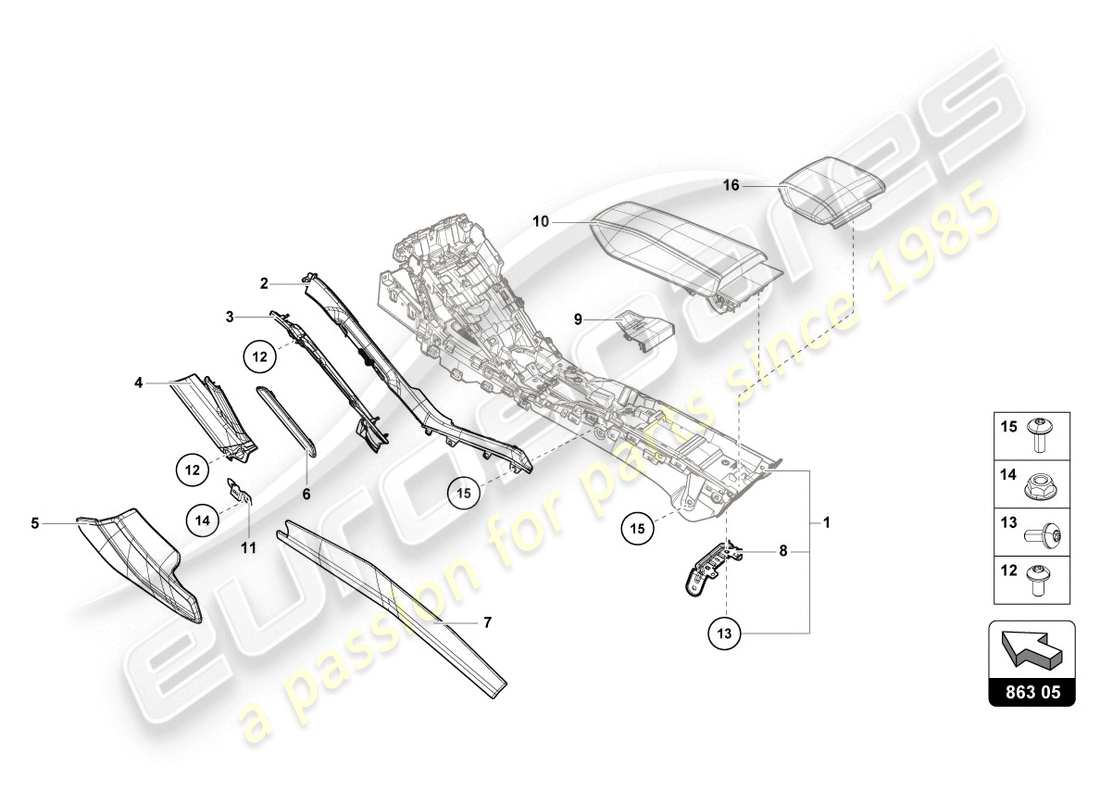 lamborghini evo spyder (2020) garniture de tunnel schéma des pièces