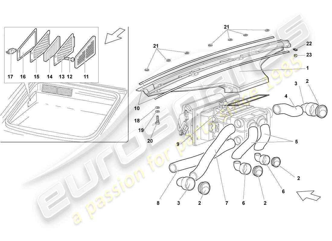 lamborghini murcielago roadster (2006) conduits de chauffage d'air et de pieds, tuyaux d'air et évents schéma des pièces