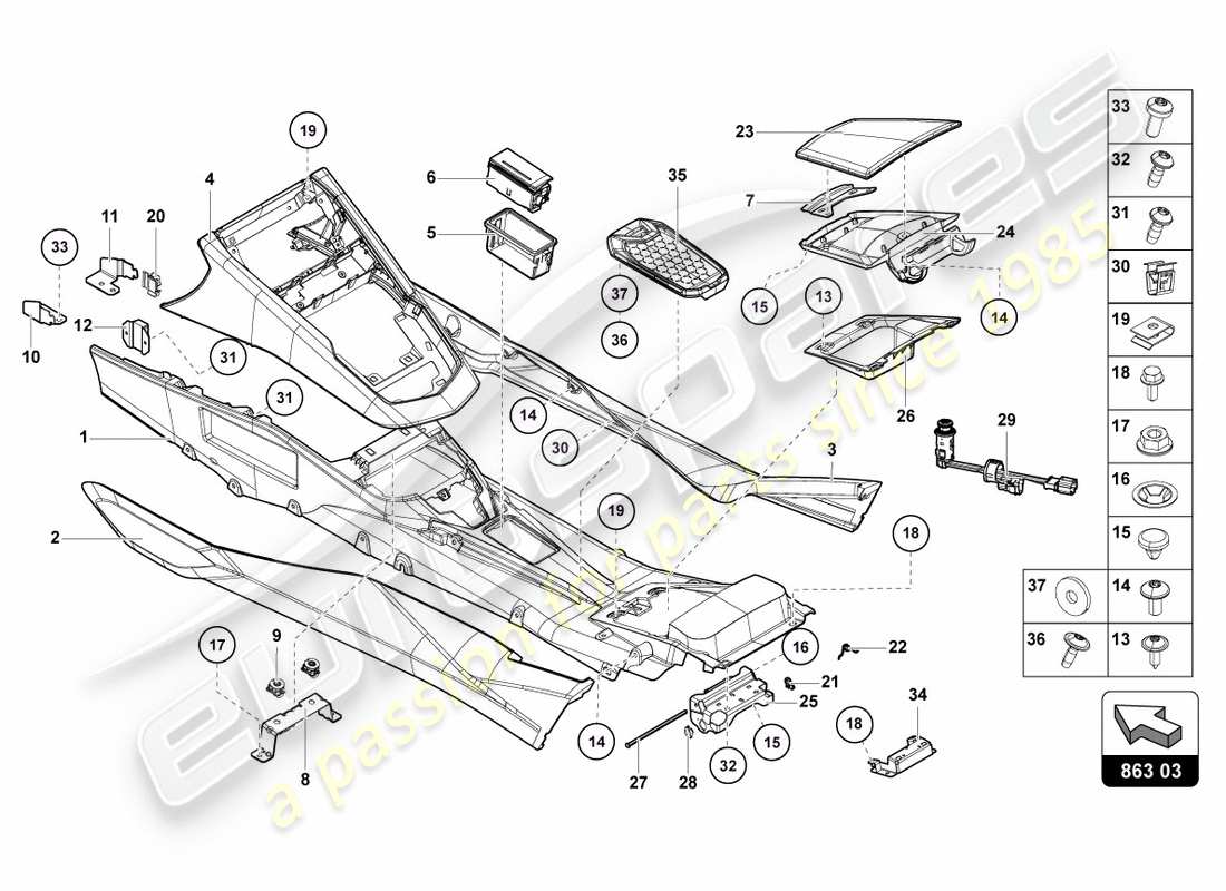 lamborghini lp700-4 coupe (2012) tunnel arrière schéma des pièces