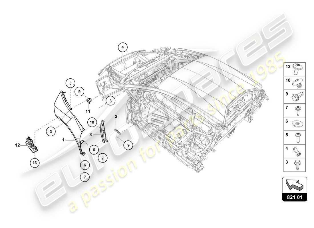 lamborghini evo coupe (2020) schéma des pièces du protecteur d'aile