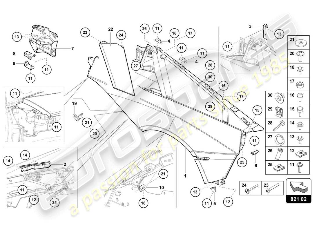lamborghini lp740-4 s roadster (2020) schéma des pièces du protecteur d'aile