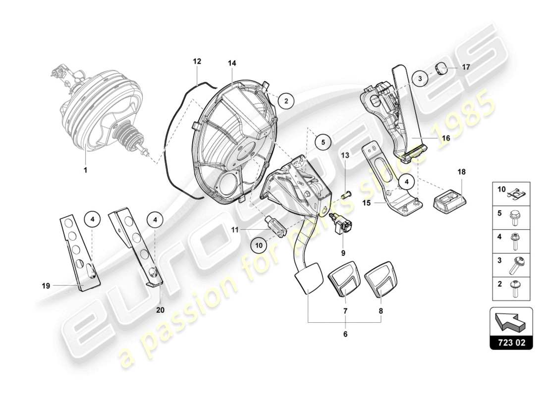 lamborghini 2016 (lp750-4 sv coupe) freinage et accélération. levier mech. diagramme de pièce