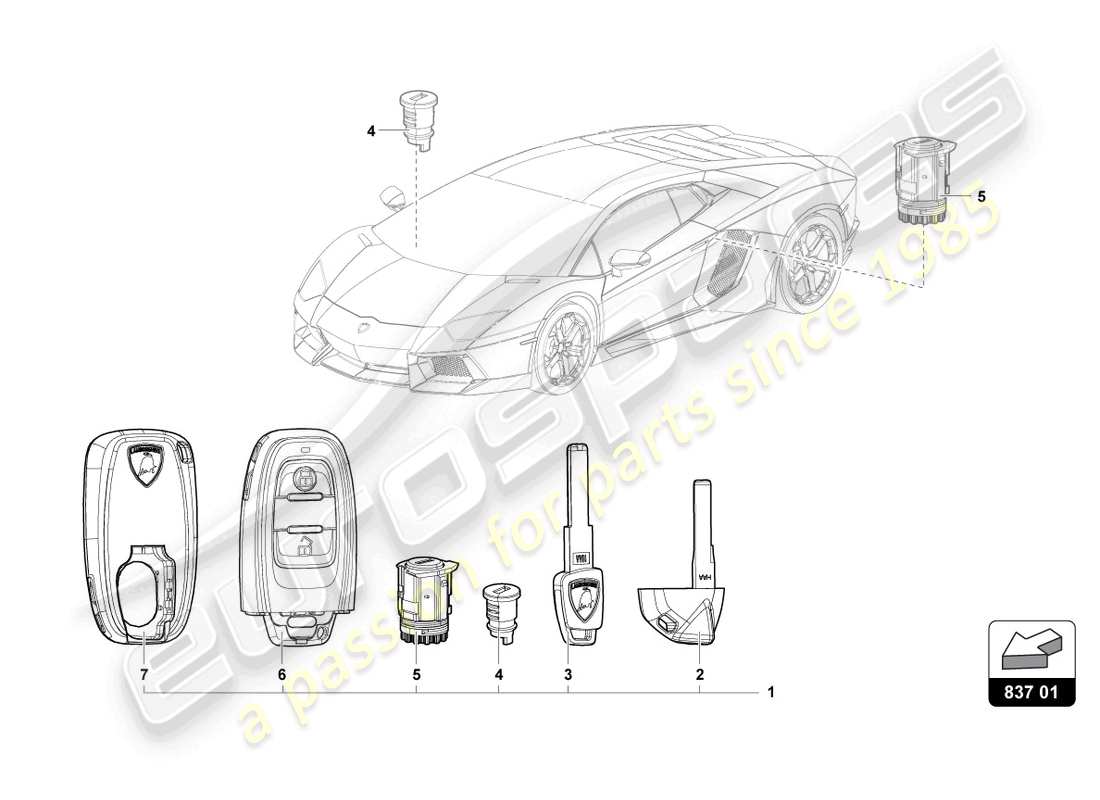 lamborghini lp700-4 coupe (2016) cylindre de serrure avec clés schéma des pièces