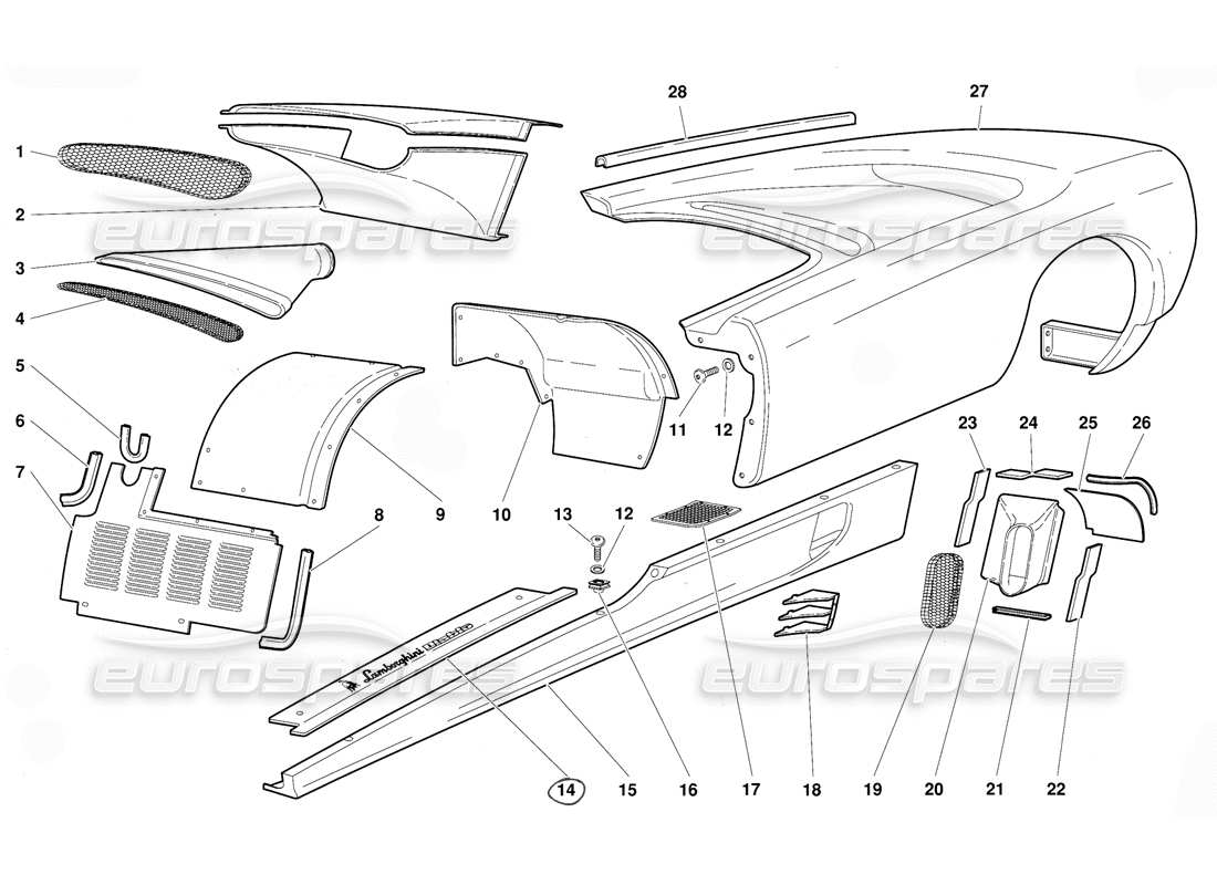lamborghini diablo (1991) éléments du corps - diagramme des pièces du flanc gauche