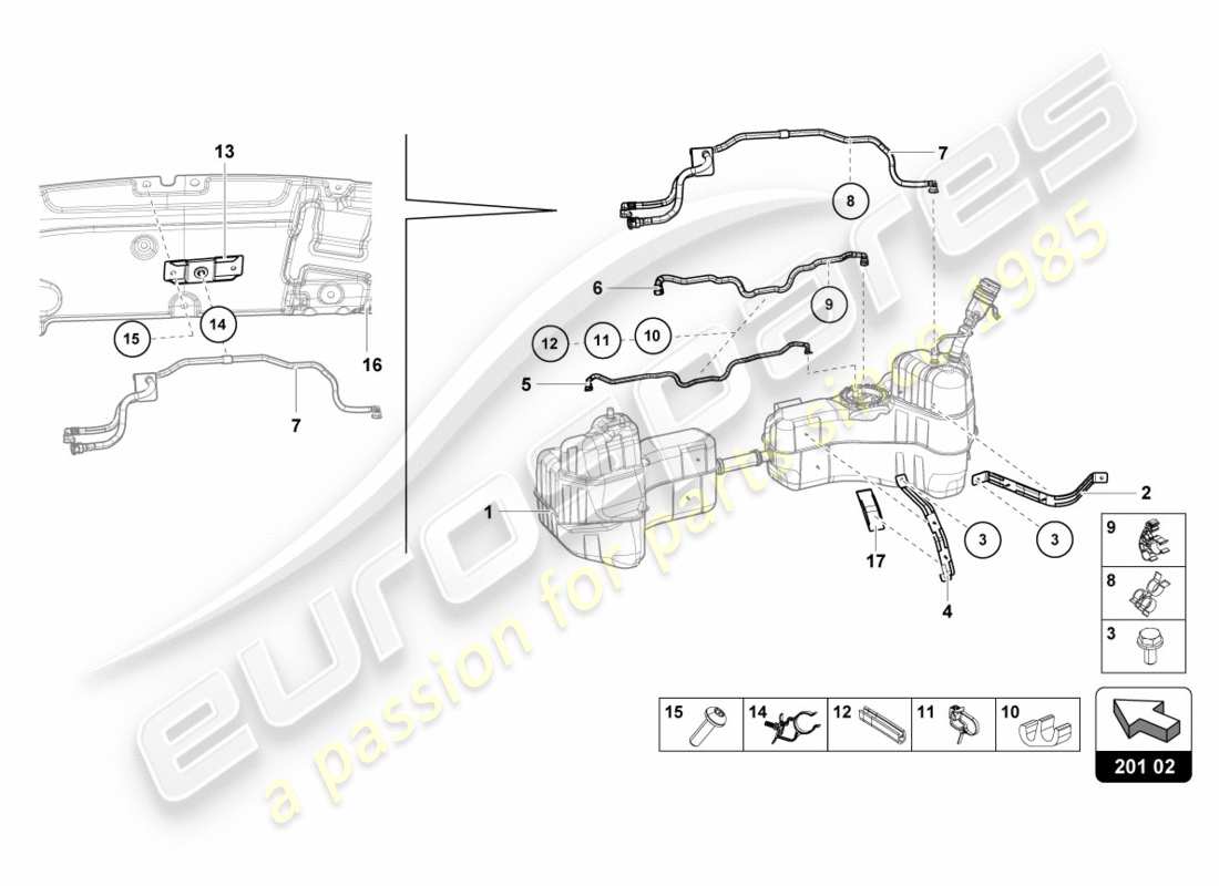 lamborghini lp600-4 zhong coupe (2016) pour réservoir de carburant et conduite de carburant attaches de conduite de carburant schéma des pièces