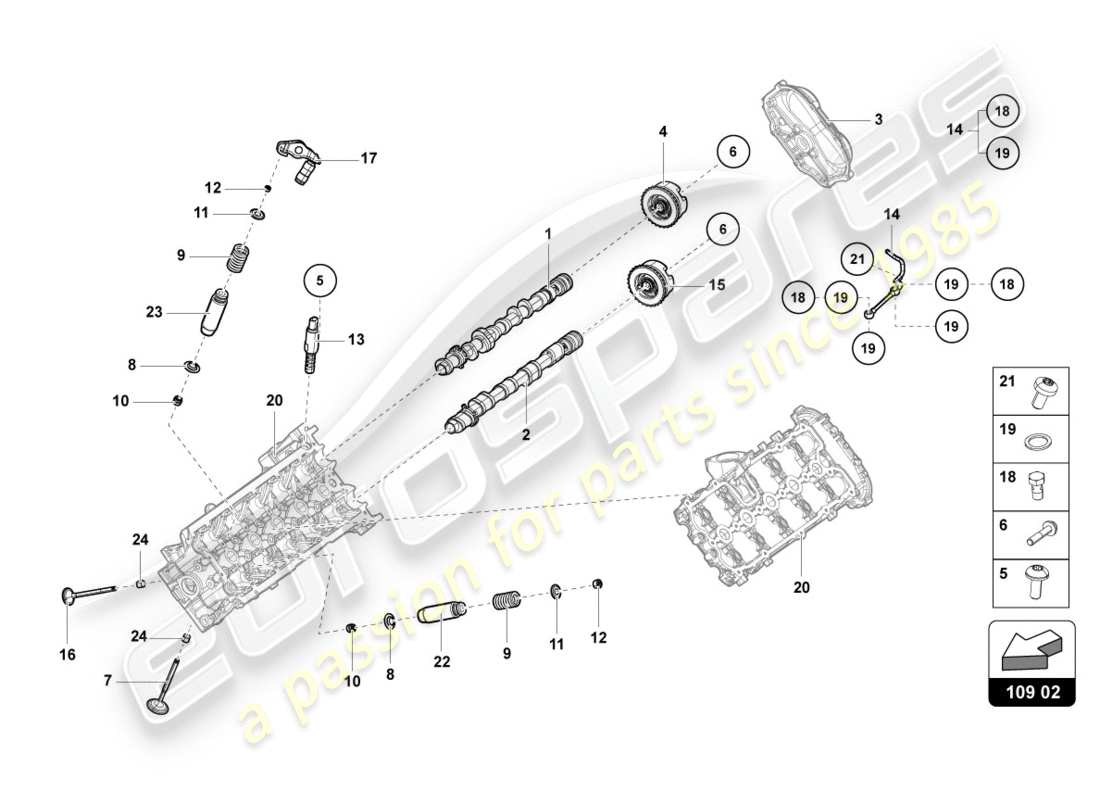 lamborghini performante spyder (2020) arbre à cames, soupapes schéma des pièces