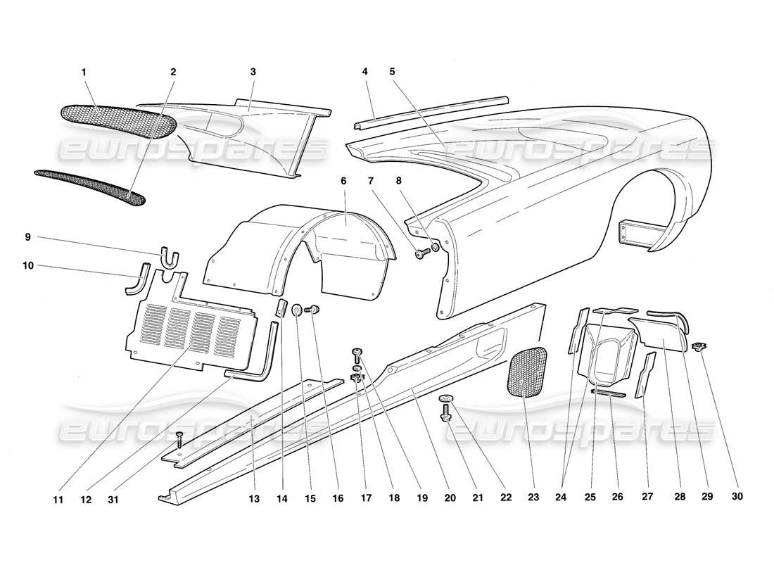 lamborghini diablo sv (1997) éléments de carrosserie - diagramme des pièces du flanc gauche