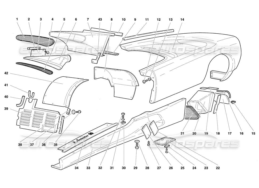 lamborghini diablo se30 (1995) éléments de carrosserie - diagramme des pièces du flanc gauche