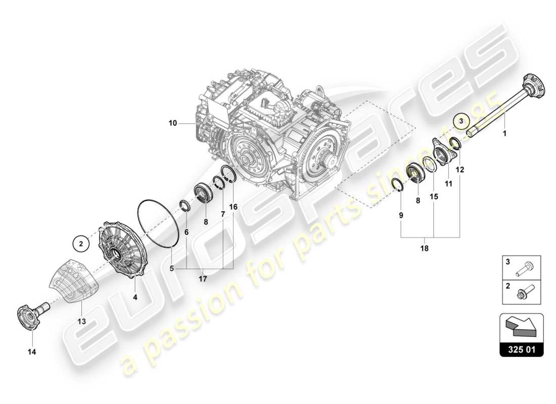 lamborghini performante spyder (2020) arbre à bride avec roulement schéma des pièces