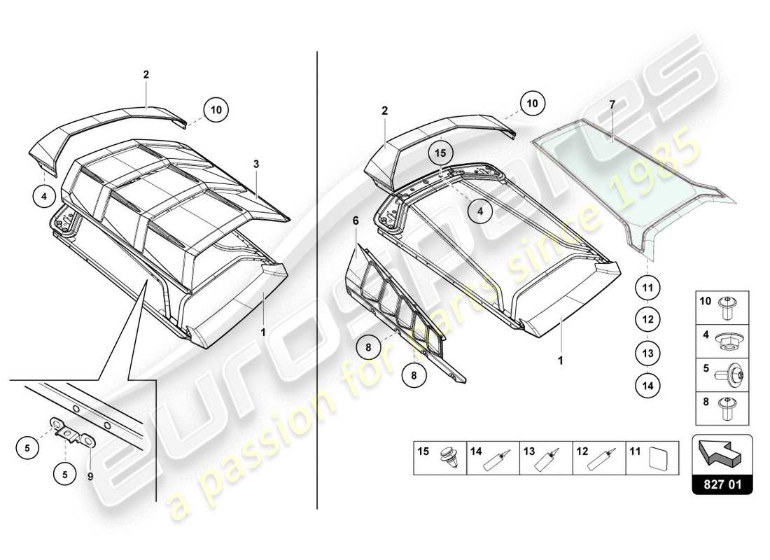 lamborghini evo coupe (2020) couvercle moteur avec insp. couverture diagramme de pièce