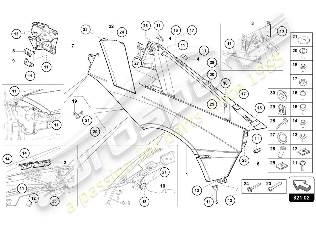 lamborghini 2014 (lp720-4 coupe 50) schéma des pièces du protecteur d'aile