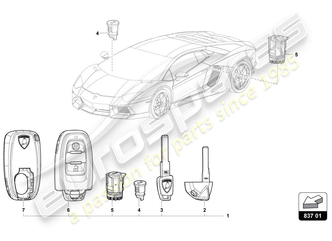 lamborghini lp720-4 coupe 50 (2014) cylindre de serrure avec clés schéma des pièces