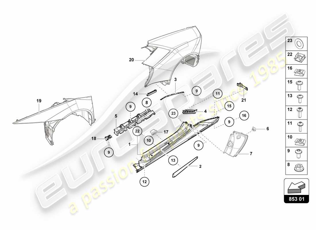 lamborghini performante spyder (2020) latéral extérieur inférieur pour carter de roue schéma des pièces