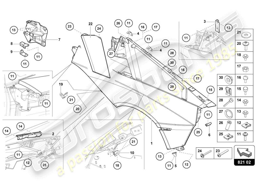 lamborghini lp750-4 sv roadster (2016) schéma des pièces du protecteur d'aile