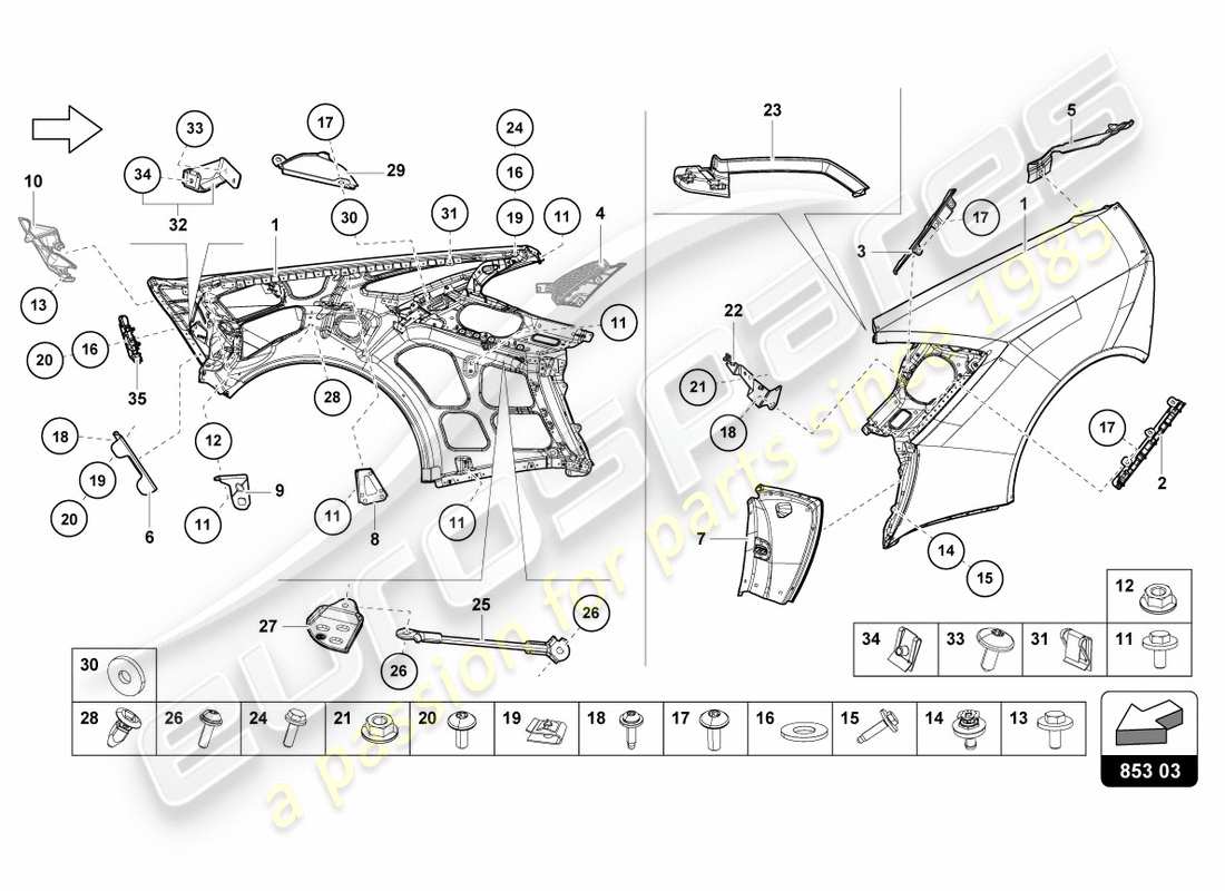 lamborghini performante coupe (2020) schéma des pièces de l'aile