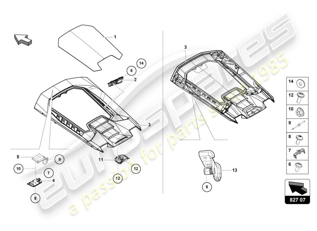 lamborghini performante coupe (2018) couvercle moteur avec insp. couverture diagramme de pièce