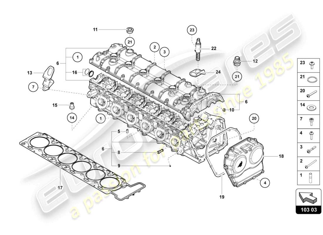lamborghini 2021 (lp740-4 s roadster) culasse avec goujons et douilles de centrage vue éclatée