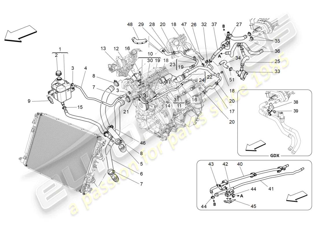 maserati quattroporte (2018) système de refroidissement : diagramme de pièces nourice et lignes